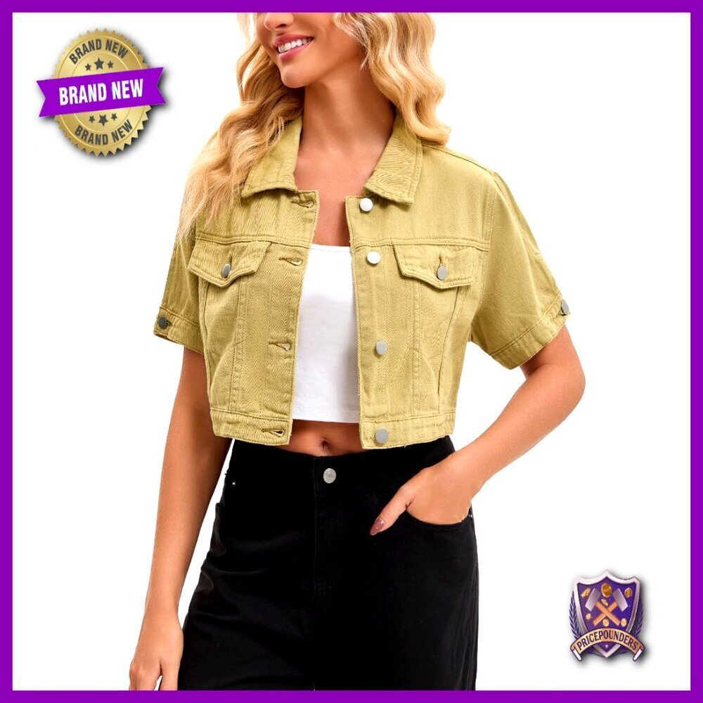 Cropped Denim Jacket Classic Casual Chic Oversized Button Down Short Sleeve